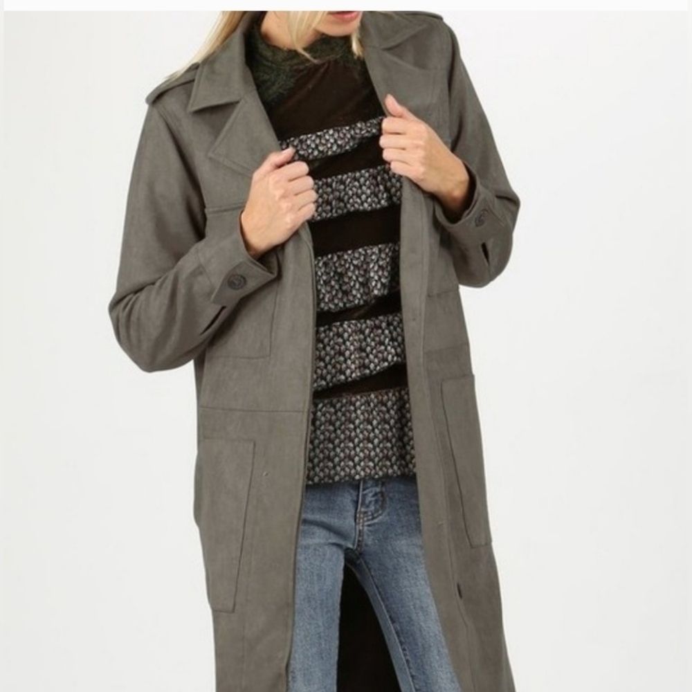 POL Women's Faux Suede Jacket Olive Trench Duster Western Bohemian Coat Sz M